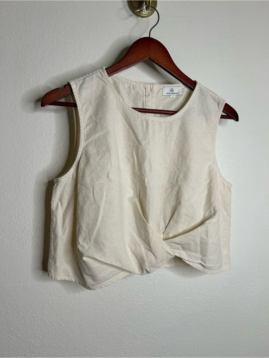 AG Cotton Linen Cream Neutral Cropped Twist Front Button Back Tank Top
