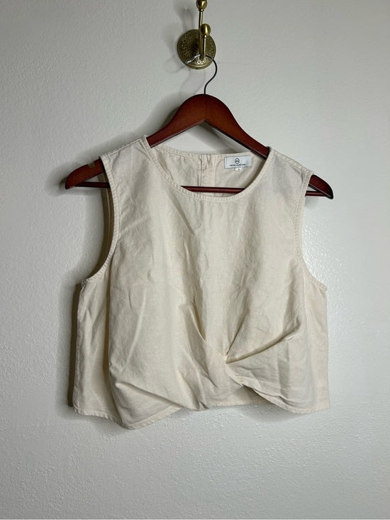 AG Cotton Linen Cream Neutral Cropped Twist Front Button Back Tank Top