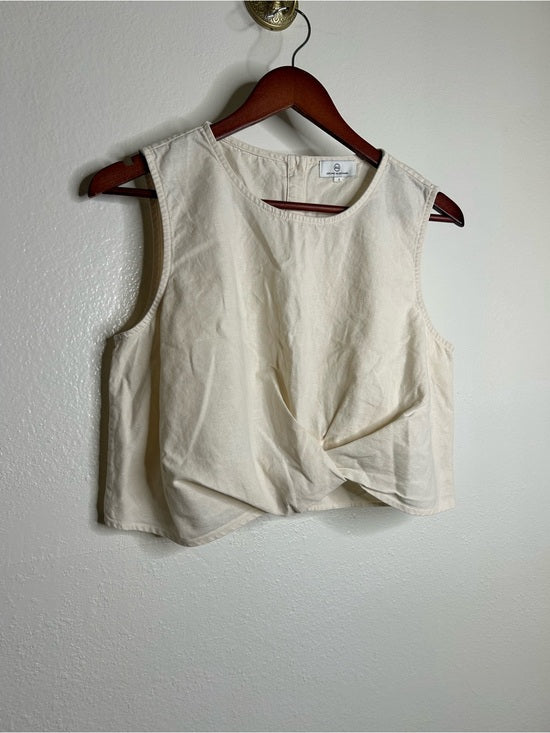 AG Cotton Linen Cream Neutral Cropped Twist Front Button Back Tank Top