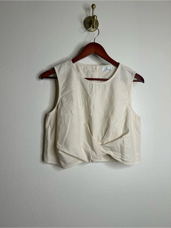 AG Cotton Linen Cream Neutral Cropped Twist Front Button Back Tank Top