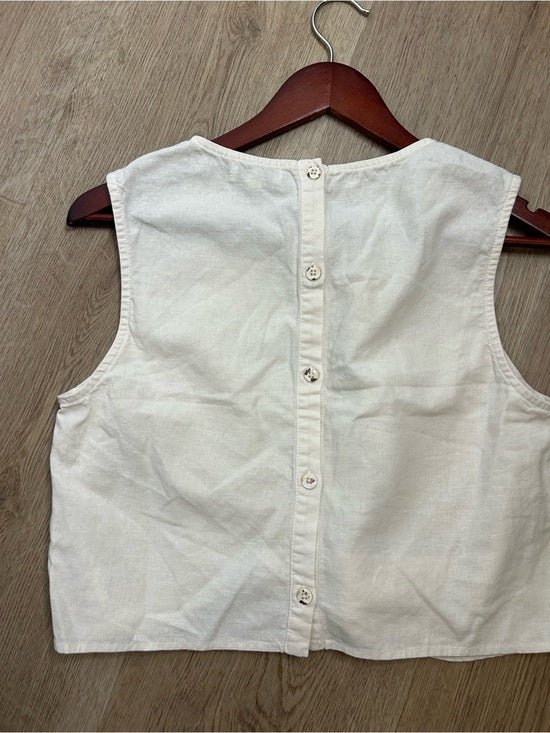 AG Cotton Linen Cream Neutral Cropped Twist Front Button Back Tank Top