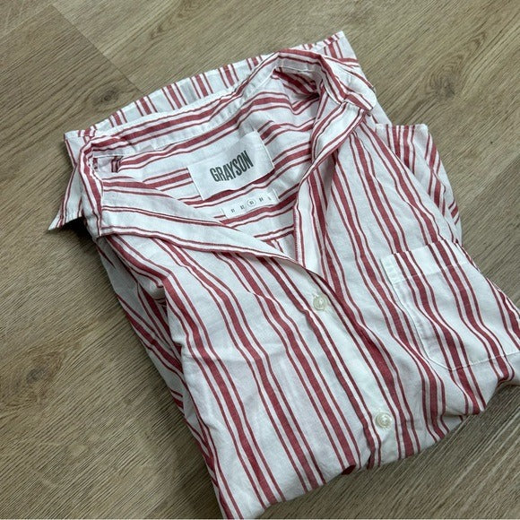 Grayson Grayson 100% Cotton Red White Striped Brooke &amp;#39;Hero&amp;#39; Button Down Long Sleeve Top - Cotton