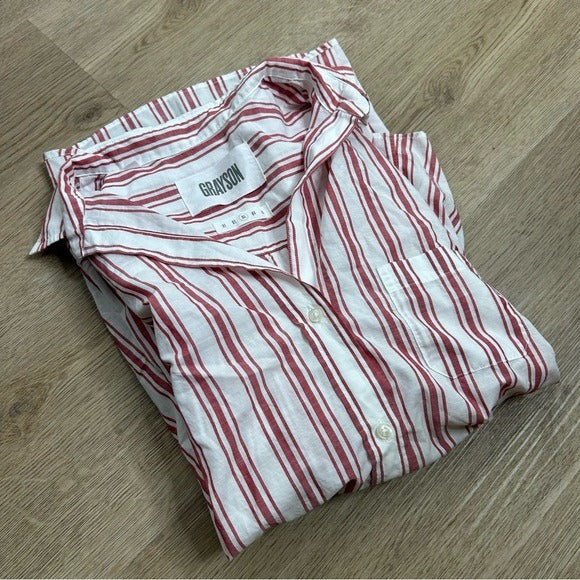 Grayson Grayson 100% Cotton Red White Striped Brooke &amp;#39;Hero&amp;#39; Button Down Long Sleeve Top - Cotton