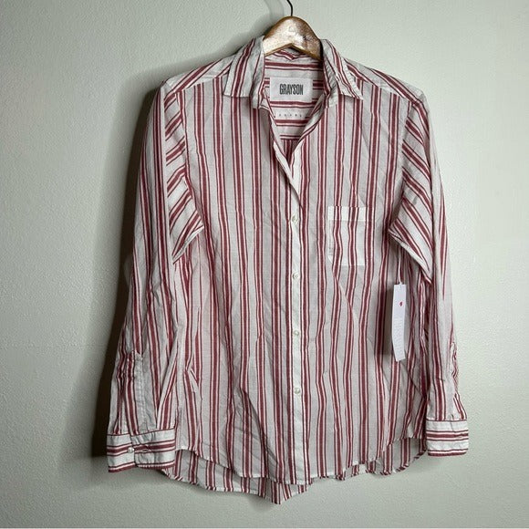Grayson Grayson 100% Cotton Red White Striped Brooke &amp;#39;Hero&amp;#39; Button Down Long Sleeve Top - Cotton