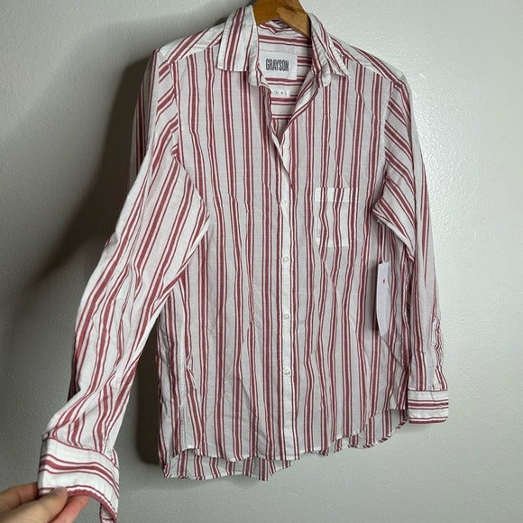 Grayson Grayson 100% Cotton Red White Striped Brooke &amp;#39;Hero&amp;#39; Button Down Long Sleeve Top - Cotton