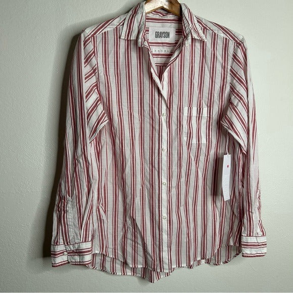 Grayson Grayson 100% Cotton Red White Striped Brooke &amp;#39;Hero&amp;#39; Button Down Long Sleeve Top - Cotton