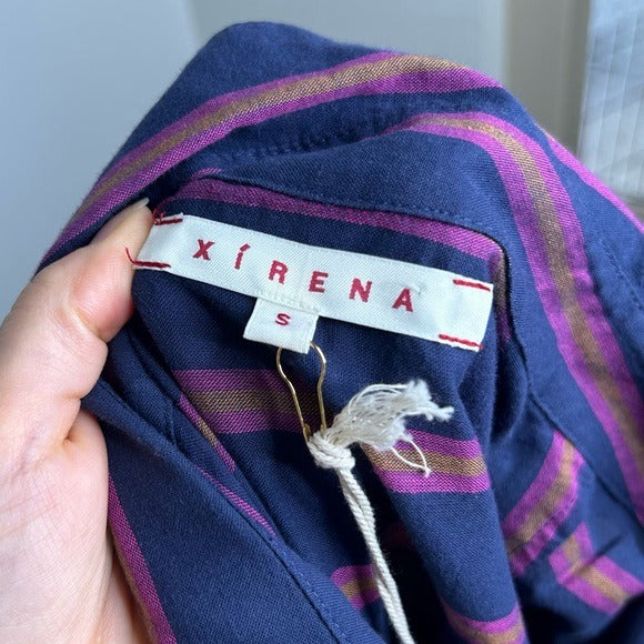 XiRENA 100% Cotton Navy Striped Button Down Striped Belted Maxi Dress