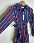 XiRENA 100% Cotton Navy Striped Button Down Striped Belted Maxi Dress