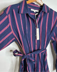 XiRENA 100% Cotton Navy Striped Button Down Striped Belted Maxi Dress