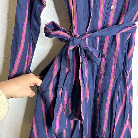 XiRENA 100% Cotton Navy Striped Button Down Striped Belted Maxi Dress