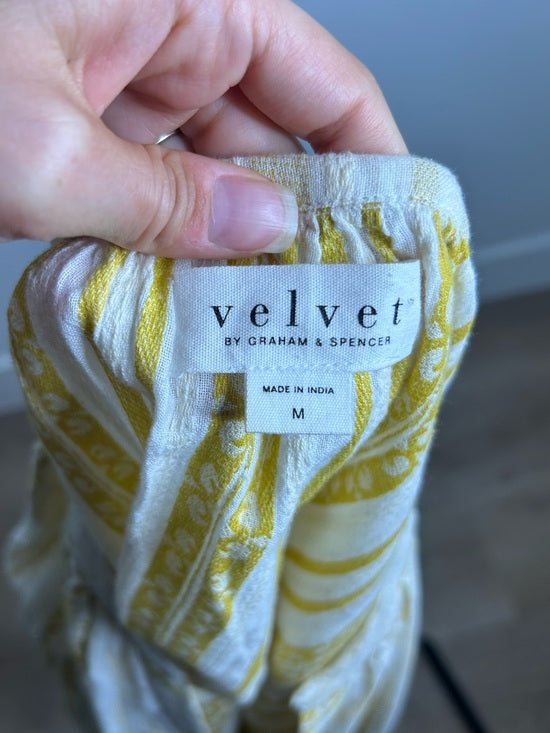 Velvet by Graham &amp; Spencer 100% Cotton V - Neck Yellow Cream Balloon Sleeve Top