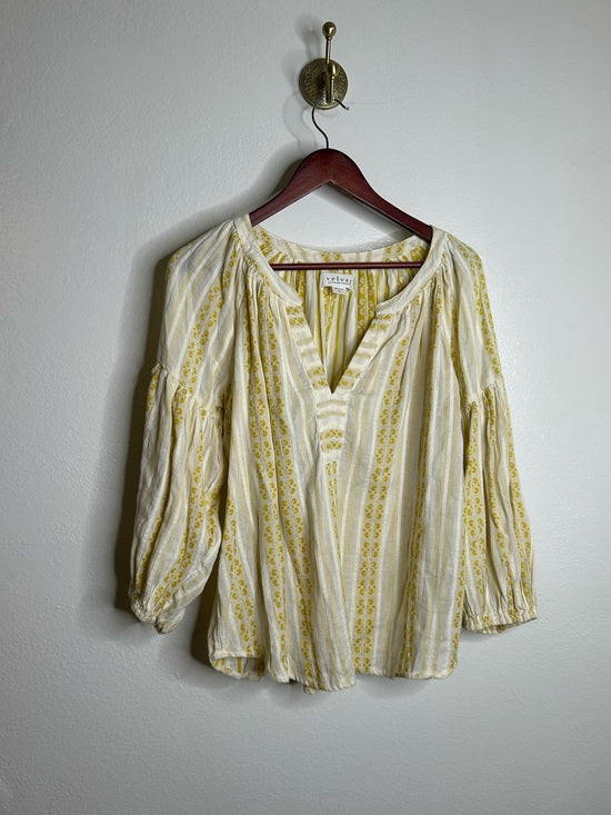 Velvet by Graham &amp; Spencer 100% Cotton V - Neck Yellow Cream Balloon Sleeve Top