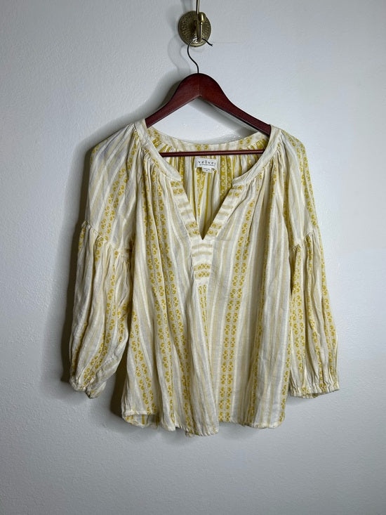 Velvet by Graham &amp; Spencer 100% Cotton V - Neck Yellow Cream Balloon Sleeve Top