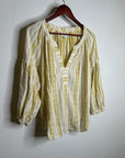 Velvet by Graham & Spencer 100% Cotton V - Neck Yellow Cream Balloon Sleeve Top