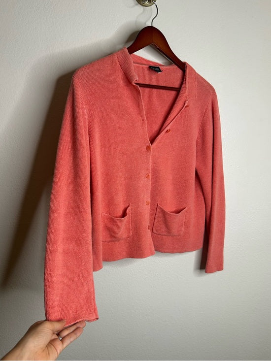 Eileen Fisher 100% Linen Textured Heavy Knit Coral Button Down Jacket