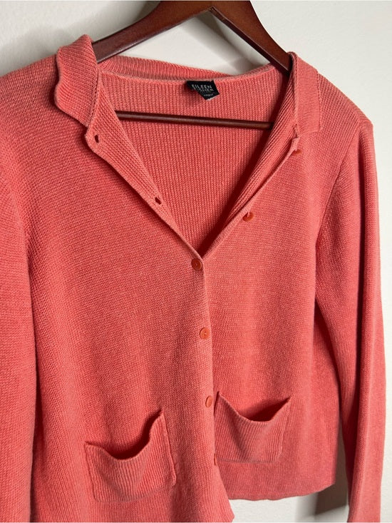 Eileen Fisher 100% Linen Textured Heavy Knit Coral Button Down Jacket