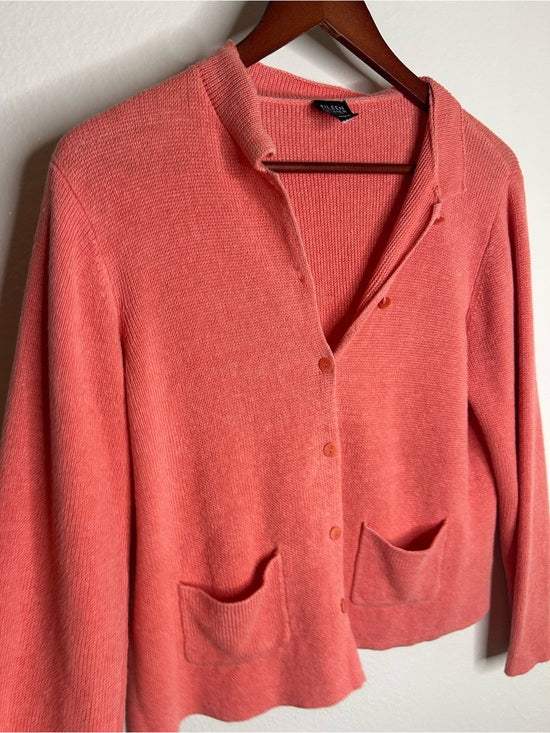 Eileen Fisher 100% Linen Textured Heavy Knit Coral Button Down Jacket