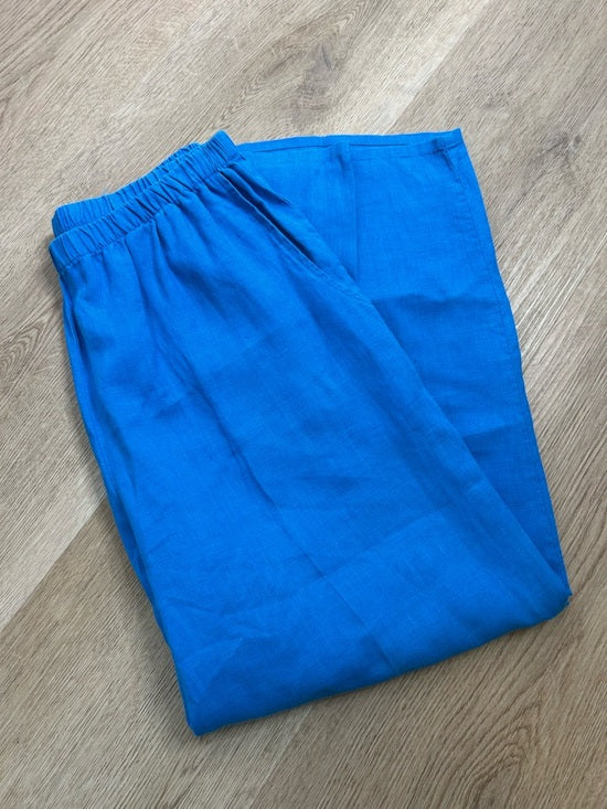 Flax FLAX 100% Linen Bright Blue Cropped Wide Leg Pull on Pant - Linen