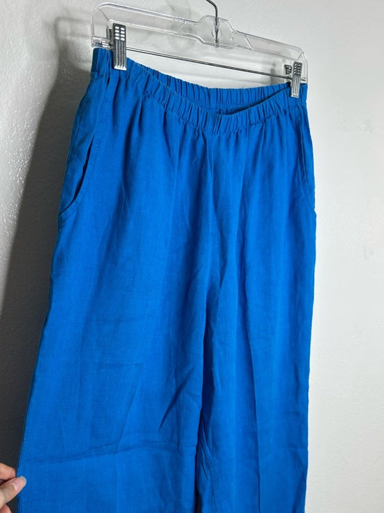 FLAX 100% Linen Bright Blue Cropped Wide Leg Pull on Pant