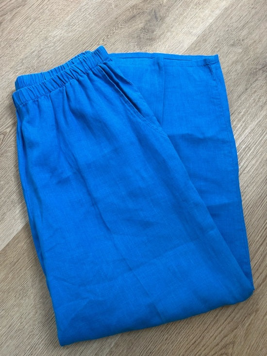 Flax FLAX 100% Linen Bright Blue Cropped Wide Leg Pull on Pant - Linen
