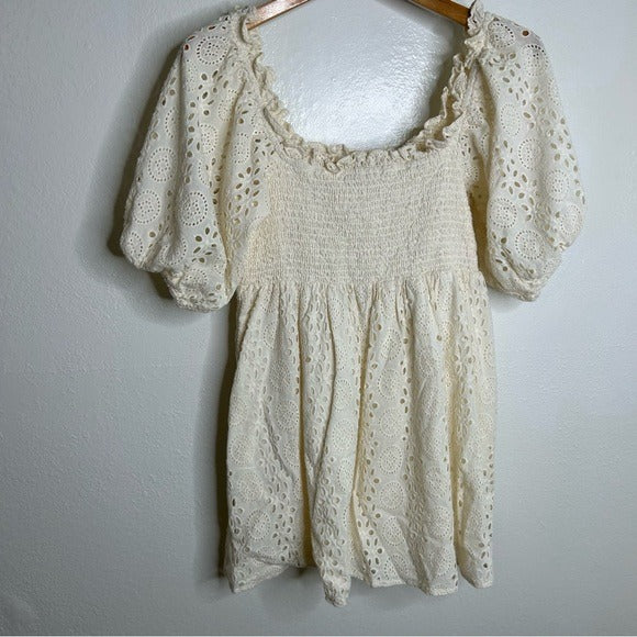 Cleobella 100% Organic Cotton Cream Eyelet Lucca Puff Sleeve Mini Dress