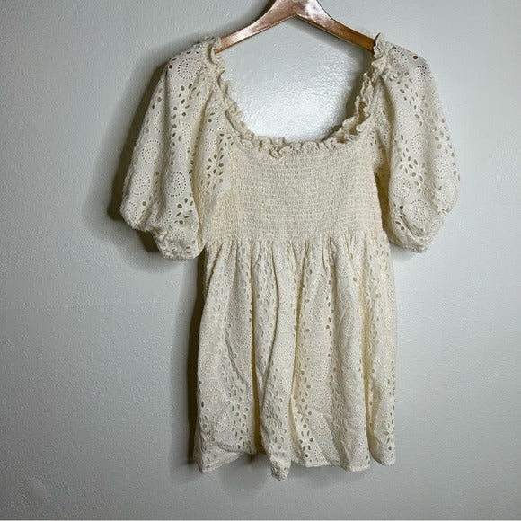 Cleobella Cleobella 100% Organic Cotton Cream Eyelet Lucca Puff Sleeve Mini Dress - Cotton