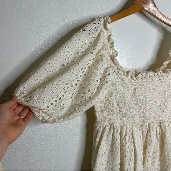 Cleobella Cleobella 100% Organic Cotton Cream Eyelet Lucca Puff Sleeve Mini Dress - Cotton