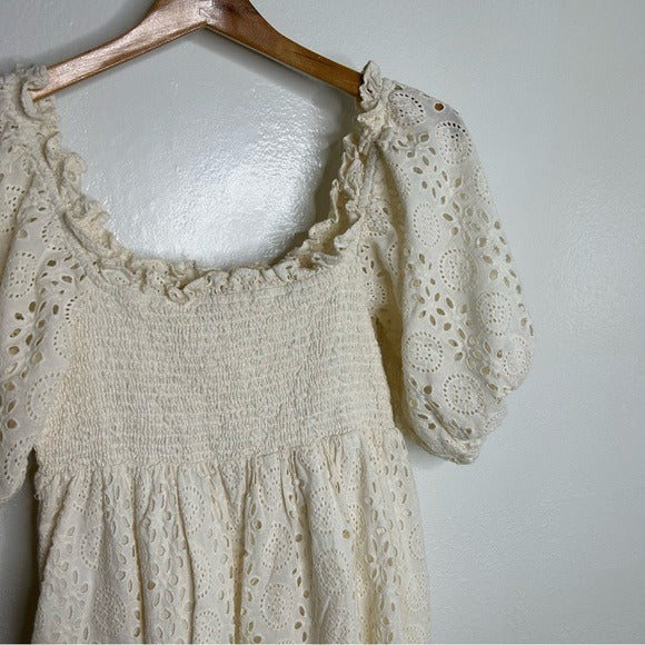 Cleobella Cleobella 100% Organic Cotton Cream Eyelet Lucca Puff Sleeve Mini Dress - Cotton