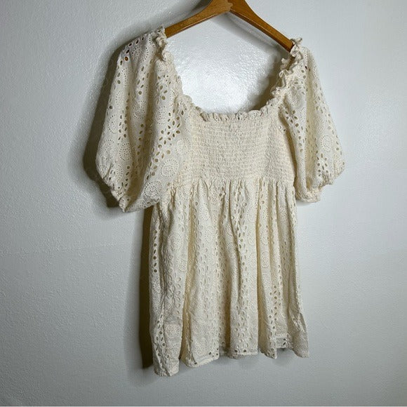 Cleobella Cleobella 100% Organic Cotton Cream Eyelet Lucca Puff Sleeve Mini Dress - Cotton