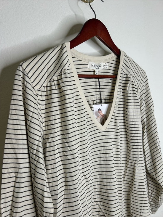 Nation LA 100% Organic Cotton Savanna Shirred Top in Espresso Pinstripe