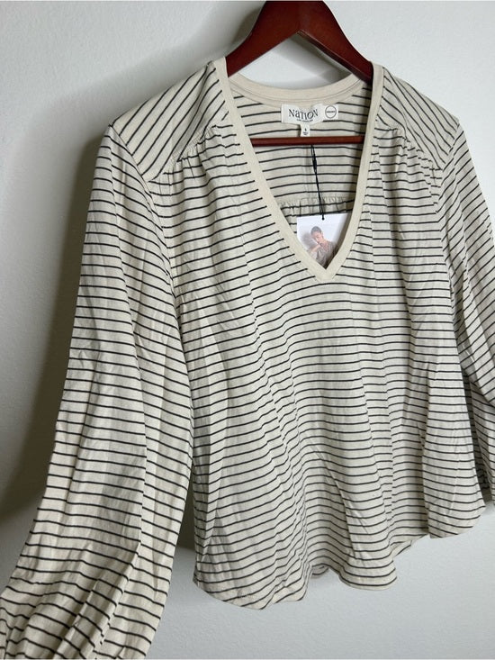 Nation LA 100% Organic Cotton Savanna Shirred Top in Espresso Pinstripe
