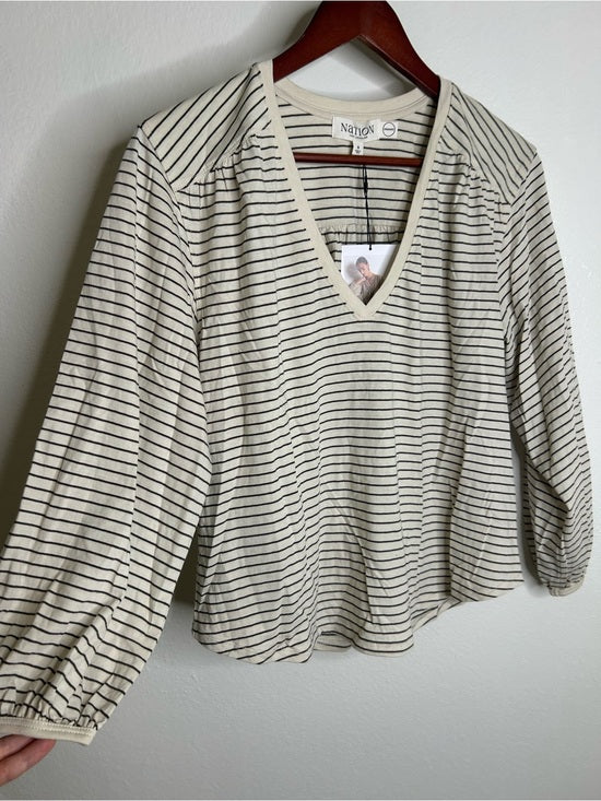 Nation LA 100% Organic Cotton Savanna Shirred Top in Espresso Pinstripe