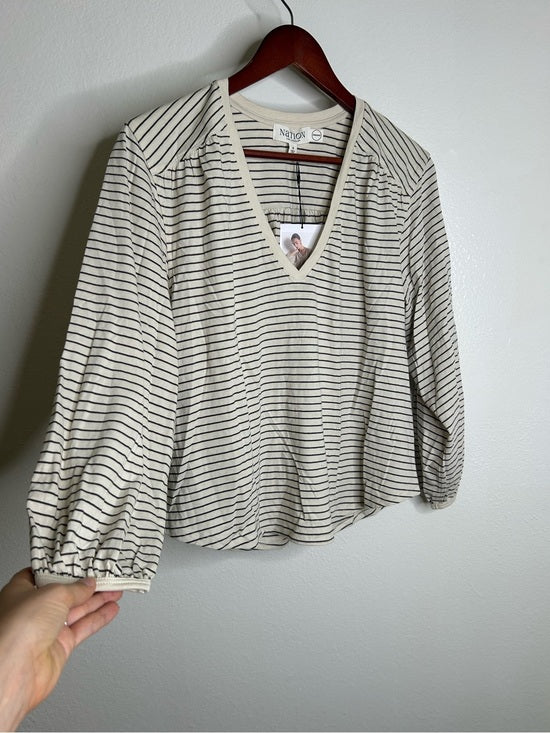 Nation LA 100% Organic Cotton Savanna Shirred Top in Espresso Pinstripe