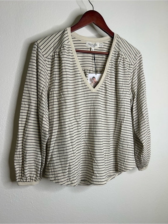 Nation LA 100% Organic Cotton Savanna Shirred Top in Espresso Pinstripe