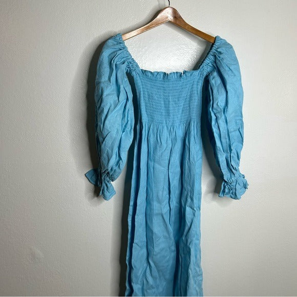 Sleeper Atlanta 100% Linen Midi Dress Off Shoulder Smocked Bust