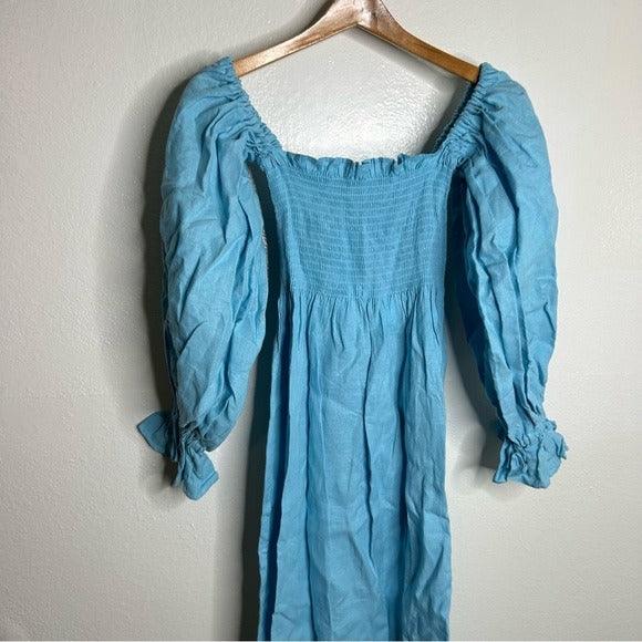 Sleeper Atlanta 100% Linen Midi Dress Off Shoulder Smocked Bust