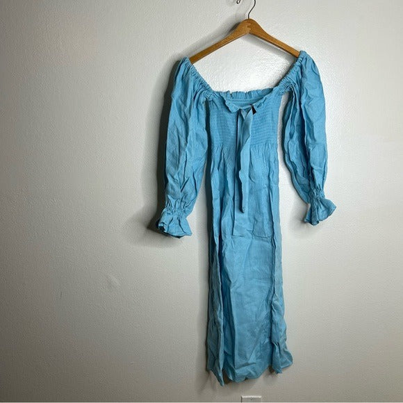 Sleeper Sleeper Atlanta 100% Linen Midi Dress Off Shoulder Smocked Bust - Linen