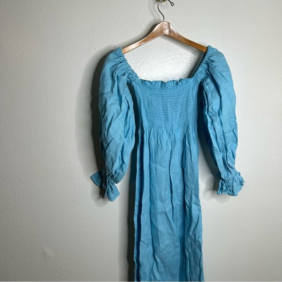 Sleeper Atlanta 100% Linen Midi Dress Off Shoulder Smocked Bust