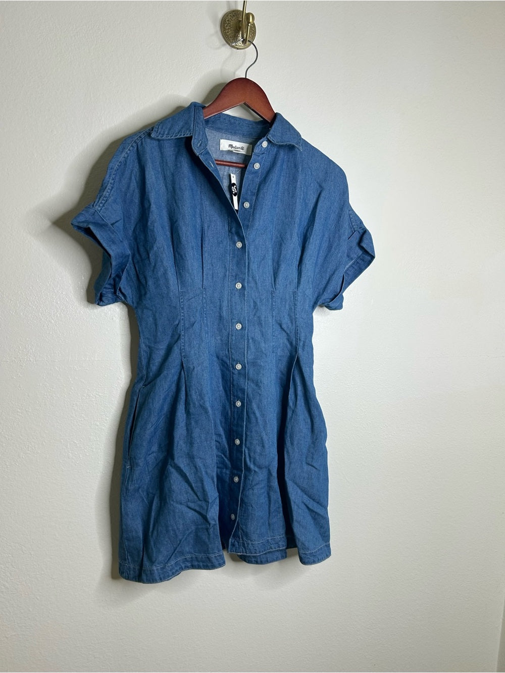 Madewell Cotton Linen Perry Denim Button Down Shirt Dress Short Sleeve
