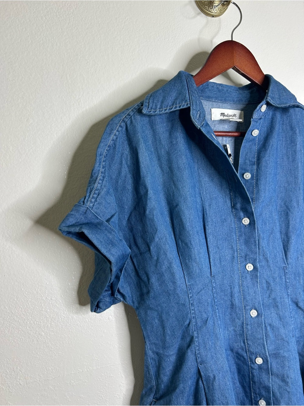 Madewell Cotton Linen Perry Denim Button Down Shirt Dress Short Sleeve