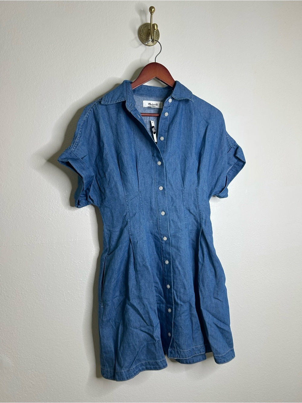 Madewell Cotton Linen Perry Denim Button Down Shirt Dress Short Sleeve