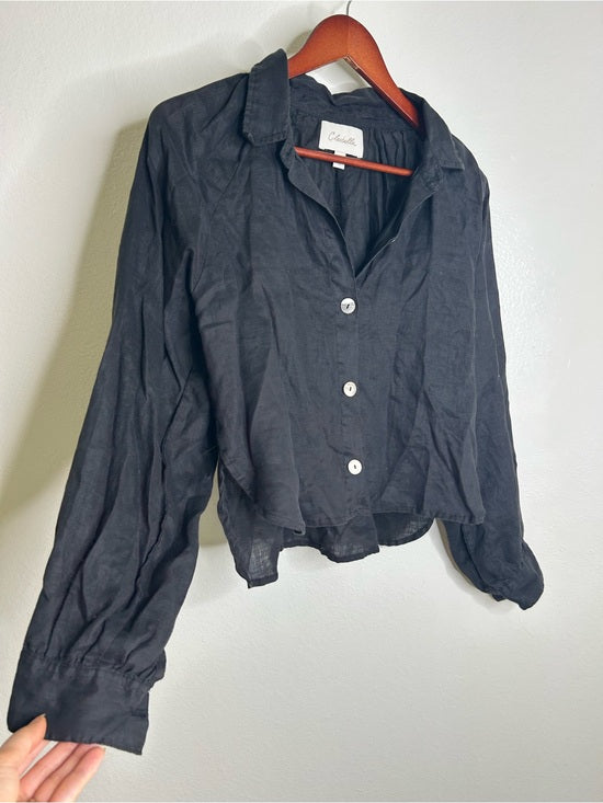 Cleobella Cleobella 100% Linen Black Button Down Negara Blouse Cropped - Linen