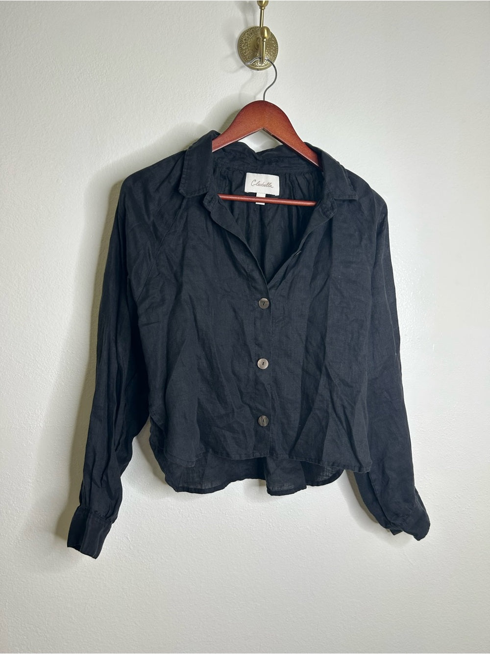 Cleobella 100% Linen Black Button Down Negara Blouse Cropped