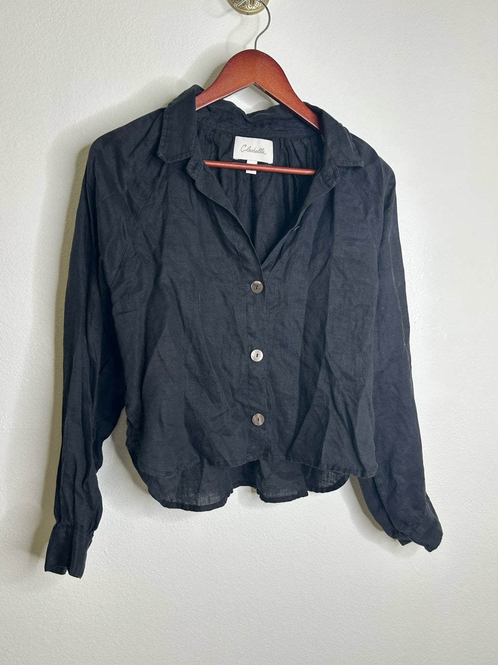 Cleobella 100% Linen Black Button Down Negara Blouse Cropped