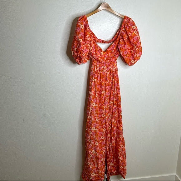 Free People Free People 100% Cotton Bright Pink Puff Sleeve Wide Leg Jumpsuit - Cotton