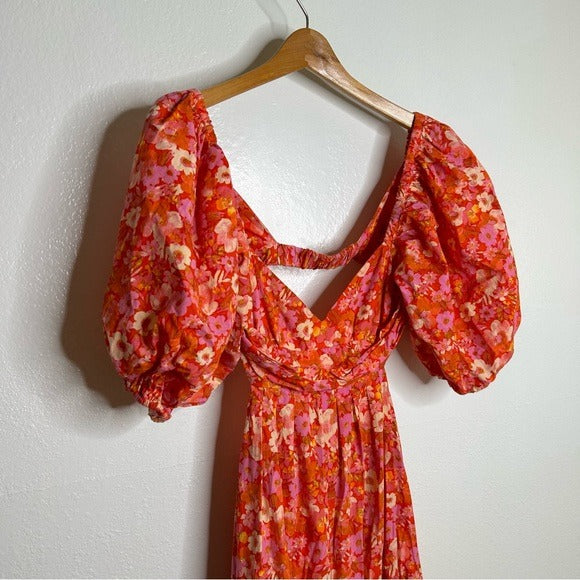Free People Free People 100% Cotton Bright Pink Puff Sleeve Wide Leg Jumpsuit - Cotton