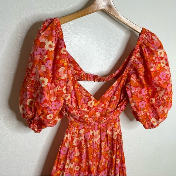 Free People Free People 100% Cotton Bright Pink Puff Sleeve Wide Leg Jumpsuit - Cotton