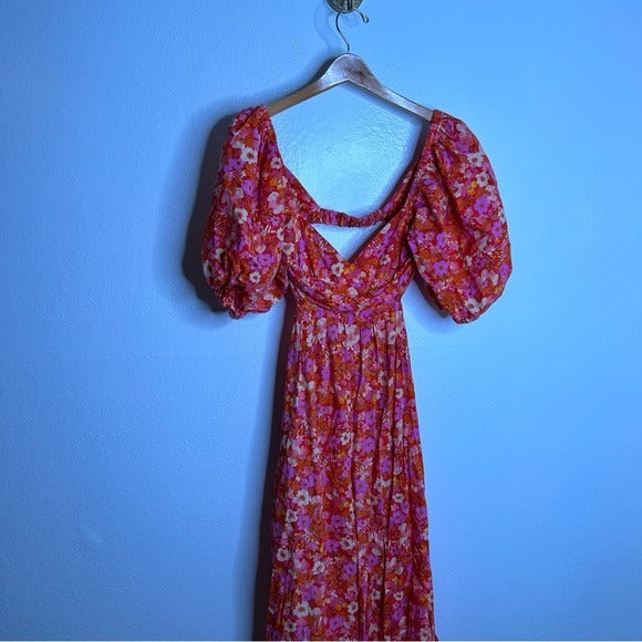 Free People Free People 100% Cotton Bright Pink Puff Sleeve Wide Leg Jumpsuit - Cotton