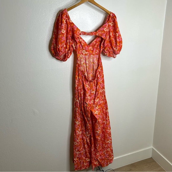 Free People Free People 100% Cotton Bright Pink Puff Sleeve Wide Leg Jumpsuit - Cotton