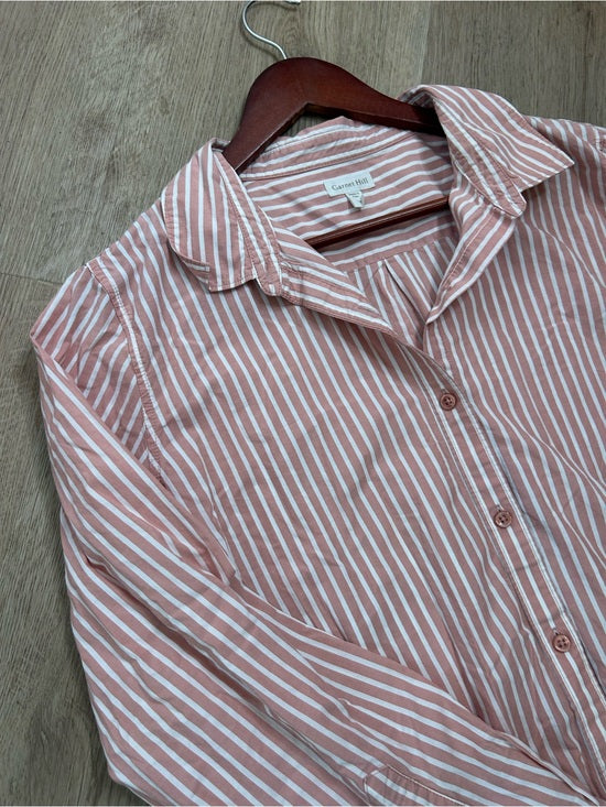 Garnet Hill 100% Organic Cotton Pink White Poplin Striped Button Down Top